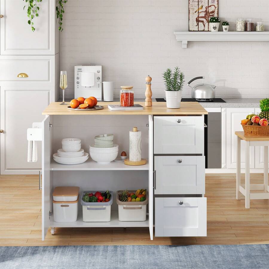 With Storage Adjustable Foldable Kitchen Island White With Storage Adjustable Made Of For Kitchen - 原木色與白色 - 查看 1