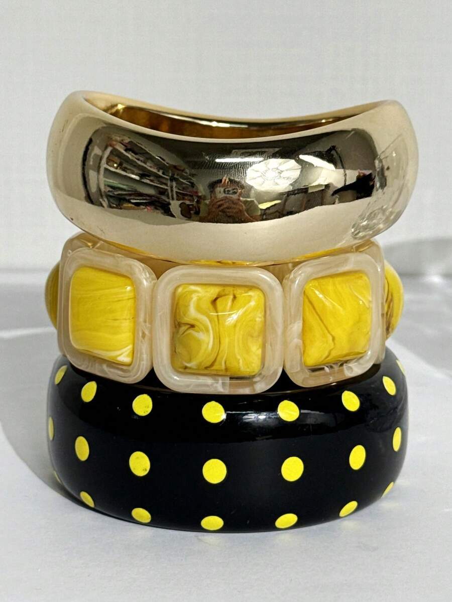 Yellow & Black Striped White Polka Dot Black Resin Polka Dot Bracelet, Harajuku Y2K Decorative Bracelet, Summer Beach Vacation Decorative Bracelet - Multicolor - View 1
