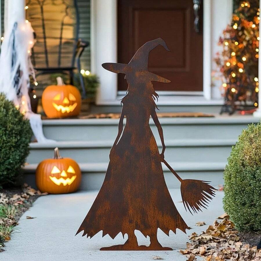 1pc Iron Witch Garden Stake, Vintage Rusty Metal Silhouette Yard Lawn Holiday Decoration Ornament - Multi-color - View 1