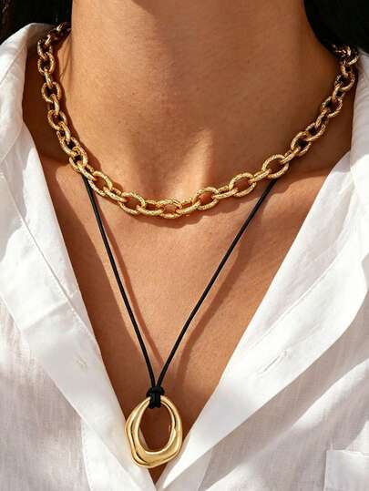 2pcs Fashion Simple Exaggerated Chunky Chain Necklace Metal Geometric Pendant Necklace Set Women Sisters Vacation Date Gift Daily Casual Party Matching