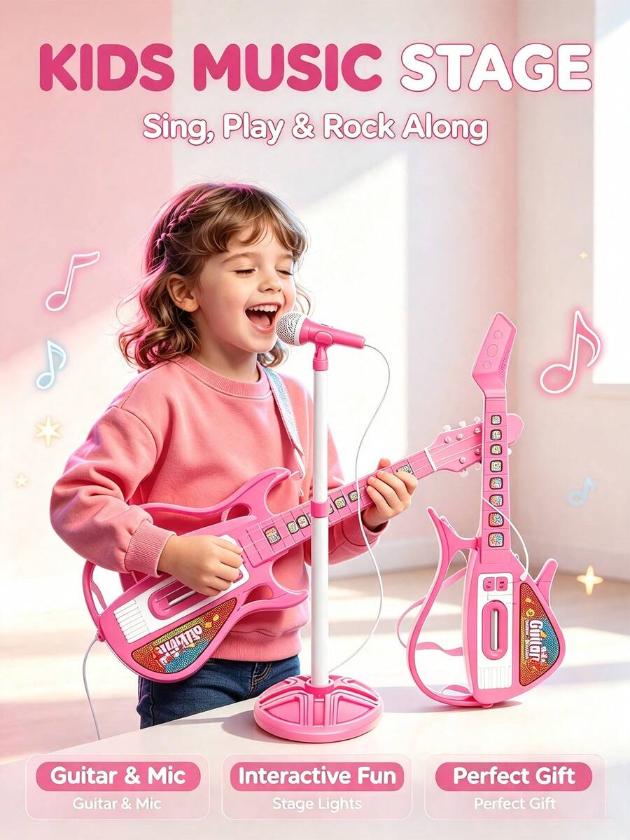 Rock Guitar Microphone Set, Made Of Hard Plastic, Built-In Interactive Sound Effects, Realistic Microphone With Adjustable Stand, Cartoon Mini Keyboard, And Cool Design, Suitable For Home Leisure Singing And Playing, Children's Music Experience, Leisure Playing And Singing, Discovering Musical Interest
