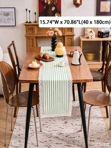 1/16PCS Vintage Minimalist Green & White Striped Lace Table Runner, Reusable Long Tablecloth For Coffee Table, Cabinet, Outdoor Holiday Decor, Suitable For Living Room, Dining Room, Holiday Party, Family Gathering, Wedding Banquet, Birthday Table Decoration - Green - View 10