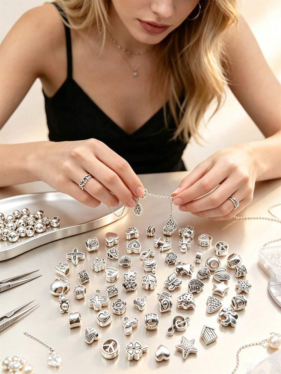 25/50/80/100/150/200/300/500/1000pcs Silver Random Acrylic Beads, For Jewelry Making, Bracelets, Necklaces And Craft Accessories - Silver - View 1