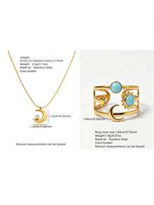 VceTd 3PCS Minimalist Fashion Style Stainless Steel Pendant Necklace With Moon Charm And Colorful Enamel Open Ring Jewelry Set For Women, Suitable For Evening Wear - Yellow Gold - View 2
