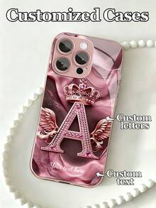1 pieza Funda de teléfono de vidrio con monograma floral, textura de rosa dorada degradada, con piedras de rhinestone y diseño de texto y letras personalizables, compatible con iPhone, mejor regalo para amigos y familiares - Rosa - Ver 1