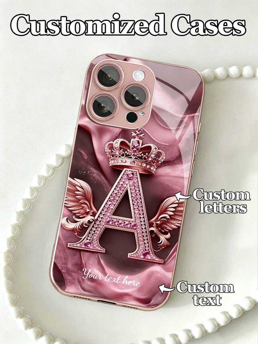 1 pieza Funda de teléfono de vidrio con monograma floral, textura de rosa dorada degradada, con piedras de rhinestone y diseño de texto y letras personalizables, compatible con iPhone, mejor regalo para amigos y familiares - Rosa - Ver 1