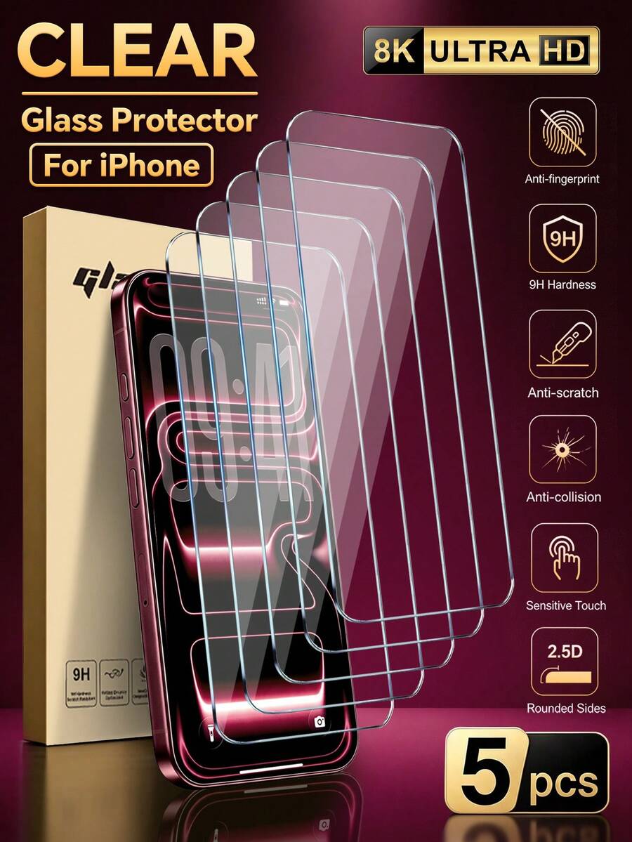 5 Paket [Baru 2026] Pelindung Layar Kaca Tempered 9H Kompatibel Dengan iPhone Duo/18 Pro Max/18 Pro/17 Pro Max/17 Pro/17/16/15/14/13/12/11 Pro Max/XR/XS Max/X/8 Plus/7 Plus, Jernih HD, Anti Gores, Bebas Gelembung, Mudah Dipasang, Ramah Casing - Clear - View 1