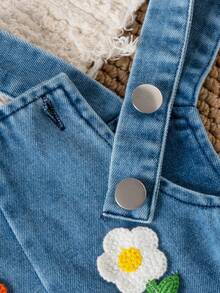 Baby Girl Spring/Autumn Sweet Cute Floral Overalls 2-Piece Set, Puff Long Sleeve White T-Shirt With 3D Flower, Wide Leg Overalls With Large Side Pockets, Playful And Adorable, Soft And Comfortable Casual Outfit For Toddlers - White - View 11
