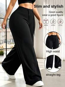 Women's Plus Size Wide Leg Pants, Versatile Wide Leg Pants, High Elastic Waist Fabric, Suitable For Sports, Casual, Party And Vacation Occasions - Black - View 4