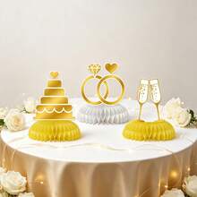 3 Pieces Of Wedding And Engagement Honeycomb Ornaments, Golden Ring Cake Champagne Design Table Decoration, Center Table Decoration Items For The Bride's Party - View 7
