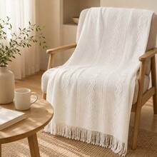 1pc Wavy Pattern Acrylic Knit Blanket, Nordic Style Rectangular Tassel Solid Color Sofa Throw Bed Decorative Blanket Nap Blanket - Vertical Stripes Three Bend Beige - View 5