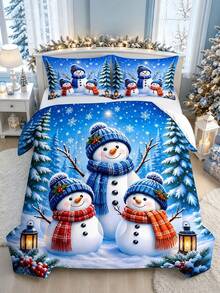 3pcs Christmas Theme, Blue Background Cute Snowman Christmas Pattern Bedding Set Quilt And Pillowcase 3 Pieces Set - Soft, Comfortable And Breathable Bedding, 200g Quilted Filling, Includes 1 Quilt And 2 Pillowcases (Pillow Inserts Not Included) - Perfect Choice For Home Or Dorm Christmas Decoration - Multicolor - View 5