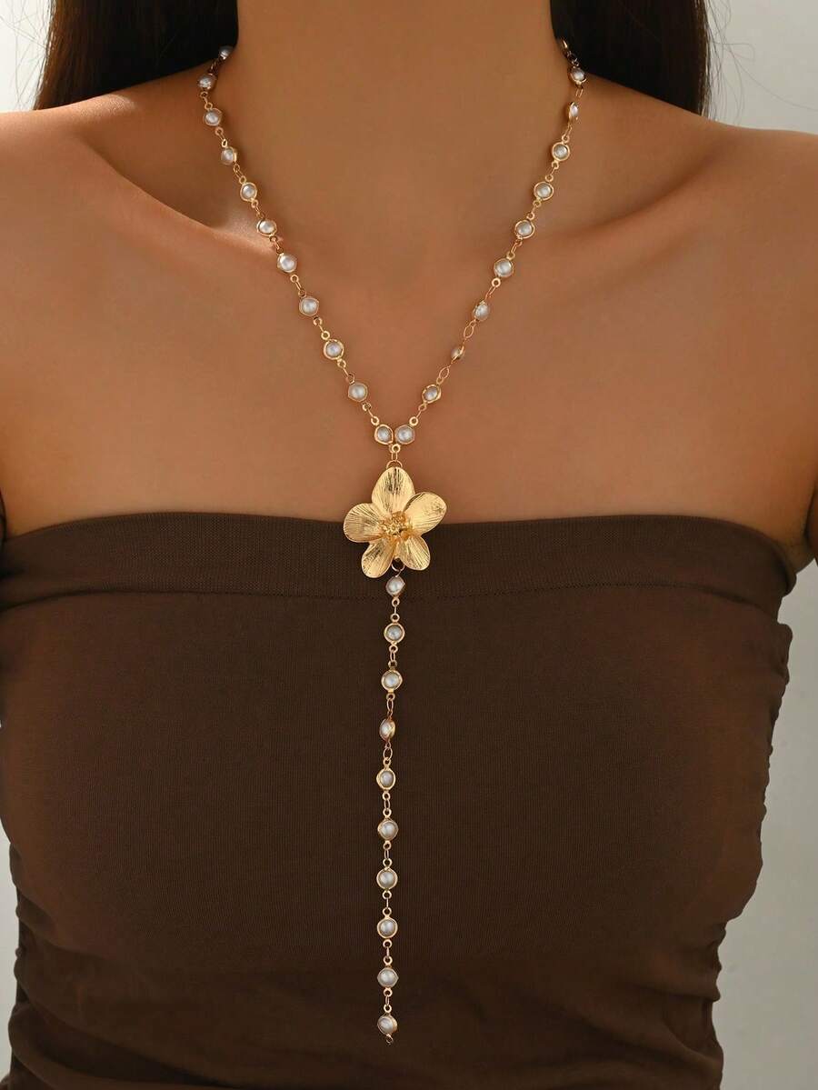 1pc Luxury Design Pearl Y-Shaped Long Necklace, Elegant Gold 3D Floral Decor Jewelry For Women, Suitable For Daily Wear, Parties, Festivals. - Multicolor - View 1
