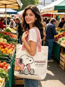 SNOOPY 1pc Printed Yellow Canvas Tote Bag, Large Capacity Design, Suitable For Travel, Shopping And Daily Use, Ideal Gift For Birthday, Valentine's Day, Back To School And Graduation - Multicolor - View 5