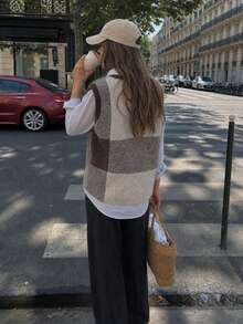 Women's Autumn/Winter Color Block Patchwork Round Neck Knit Cardigan Vest, Simple Casual Sweater Top, Versatile Style - Beige - View 4