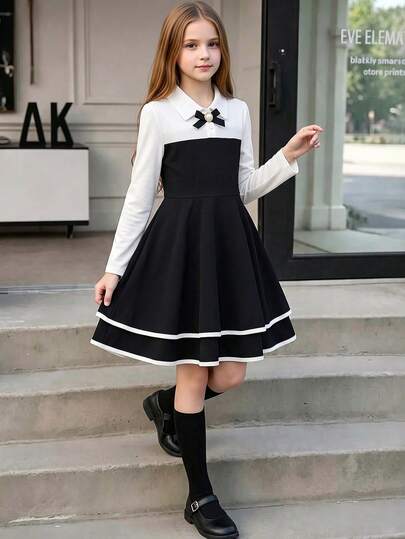 Tween Girls' Summer Patchwork Lapel Dress With Bow Decor, Cinched Waist A-Line Princess Style