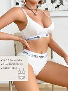 Conjunto de sujetador inalámbrico para damas con cierre delantero y estampado de letras - Blanco - Ver 6