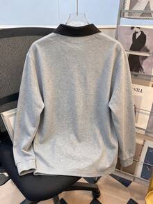 1pc Tween Boys Casual Versatile Preppy Style Colorblock Design Pony Logo Print Fleece Long Sleeve Polo Sweatshirt, Autumn/Winter - Grey - View 3