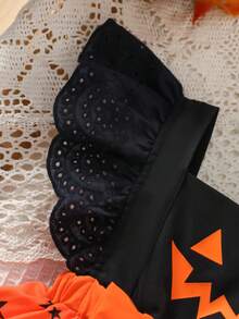 Infant Girls Halloween Outfit Set, Lace Trim Flutter Sleeve Pumpkin Ghost Face Star Print Bodysuit With Bow Decorated Hat, 2 Pieces Summer Set - Multicolor - View 5