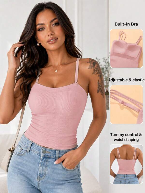 ChicMe Women's Adjustable Spaghetti Strap Camisole With Built-In Bra, Sexy Striped Fitted Fitness Tank Top Casual