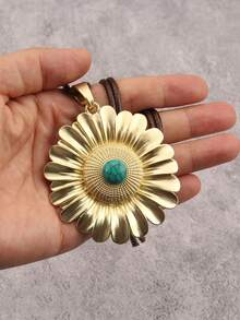 1pc Western Cowboy Style 3D Flower Turquoise Pendant Necklace, Braided Wax Rope Long Necklace Accessory, Christmas Halloween Holiday Gift Neck Jewelry, Gift For Girlfriend Mother Best Friend - Wax Rope - View 7