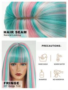 7JHH WIGS Hallowmas Green Pink & White Highlights Extra Long Straight Wigs For Women 26 Inch With Bangs, Synthetic Heat-Resistant Fiber Colorful Costume Wig For Cosplay Wear,Party Carnival Festivals Use - Multicolor - View 7