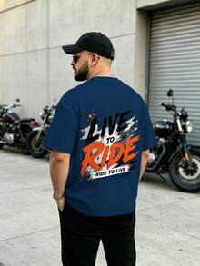 Plus Size Men's Navy Blue LIVE TO RIDE Racing Rider Splatter Print English Double-Sided Graphic Short Sleeve American Motorcycle Loose Fit Casual Sports T-Shirt - Navy Blue - View 2