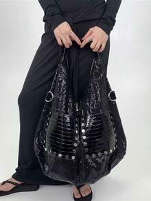 Nicekee Sparkling Rivet Splicing Shoulder Bag, Personalized And For Female Commuting, Suitable For Daily Shopping And Short Distance Travel - Black - View 3