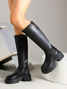 Women's Minimalist Black Elastic Leather Riding Boots, Round Toe, Zipperless Slip-On Design, Serrated Thick Sole, Height-Increasing, Versatile Over-The-Knee Boots, Autumn/Winter - Black - View 2