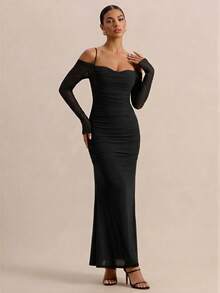 PARTHEA Gaun Maxi Mermaid Jala Hitam Elegan dengan Bahu Terbuka, Gaun Pesta Bodycon Berkerut dengan Tali Bahu Tipis dan Leher Bentuk Hati - Hitam - View 1