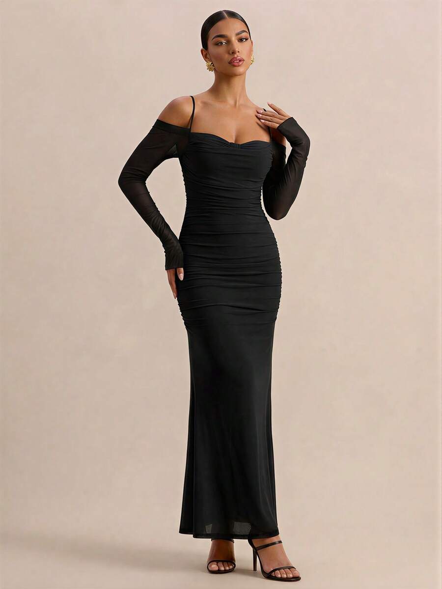 PARTHEA Gaun Maxi Mermaid Jala Hitam Elegan dengan Bahu Terbuka, Gaun Pesta Bodycon Berkerut dengan Tali Bahu Tipis dan Leher Bentuk Hati - Hitam - View 1
