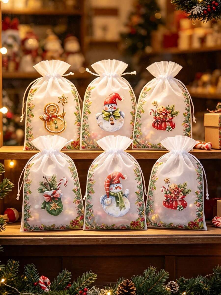50/20/10/1pc Christmas Organza Gift Bags, Random Mix Style Drawstring Treat Pouches, Festive Holiday Favor Wrapping Bags, Sheer Mesh Goody Candy Pouches Ribbon Closure, For Christmas Party, Wedding Favors, Jewelry, Craft Storage - One Size Fits All - View 1