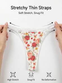 SQPVEH 5pcs/Pack Multi-Color Floral Print & Solid Color Lace Patchwork Sexy Seamless Women's Thongs - Multicolor - View 9