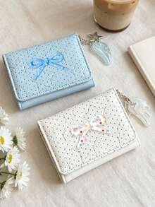Cute Polka Dot 3-Fold Wallet With Bow Decor,Star Wing Charm,Portable Coin Purse & Card Holder,Compact Women's Short Purse,Daily Card Organizer - Multicolor - View 2
