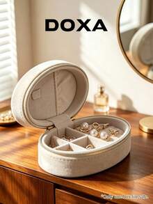 DOXA Beige Oval Velvet Zipper Jewelry Organizer Box With Compartments Anti-Tangle Earring Ring Necklace Travel Portable Storage Box - Off-white - View 4