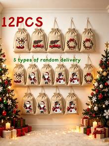 12 buah Tas Kado Linen Natal, Ukuran 14,99 x 9,91 cm, Tas Kado Serut yang Dapat Digunakan Kembali, 5 Desain Bertema Natal Acak, Sempurna untuk Souvenir Pesta Natal, Hadiah Ulang Tahun, dan Dekorasi Pohon Natal - MultiWarna - View 8