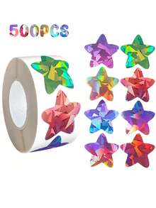 500 Labels/Roll Shiny Holographic Laser Multi-Color Star Self-Adhesive Stickers 1 Inch 8 Colors DIY Decorative Craft Behavior Chart Student Planner School And Classroom Teacher Supplies PVC Waterproof Self-Adhesive - Laser Star 2 - View 1