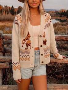 Women's American Western Style Horse Jacquard Knit Cardigan, Outdoor Camping Country Travel Old Town Street Style Casual Slimming Autumn - Apricot - View 4