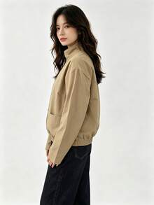 American Vintage Casual Stand Collar Flight Jacket, Street Style Loose Fit Solid Color Outerwear For Women Autumn/Winter - Khaki - View 7
