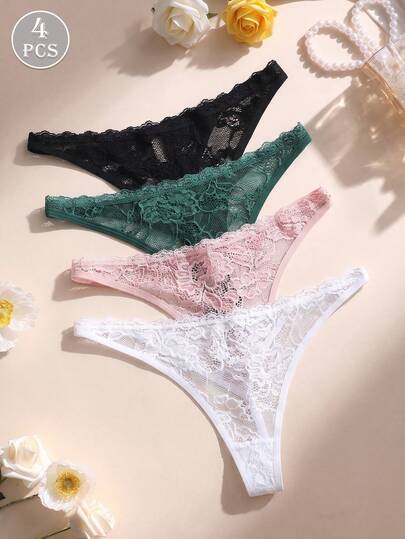 4pcs Solid Color Low Waist Lace Sexy Women's Thong Seamless Elastic Comfortable Women's Underwear
