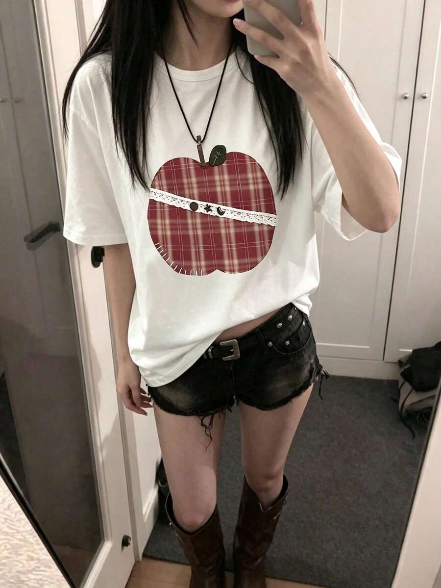 Korean Style Women's Loose Casual Round Neck Cartoon Apple Fruit Print Short Sleeve T-Shirt Spring Summer White