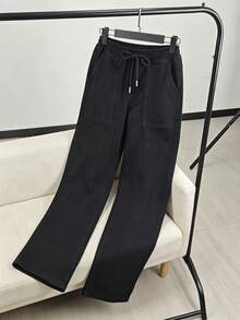 Pantalones vaqueros de corte amplio con cinturón elástico y cordón, bolsillos de trabajo amplios, tela suave lavada para disimular las piernas y favorecer la silueta casual diaria - Negro - Ver 5