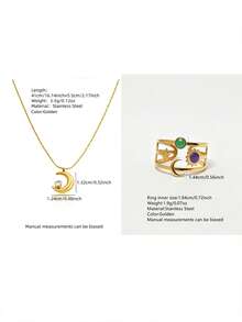 VceTd 3PCS Minimalist Fashion Style Stainless Steel Pendant Necklace With Moon Charm And Colorful Enamel Open Ring Jewelry Set For Women, Suitable For Evening Wear - Yellow Gold - View 11