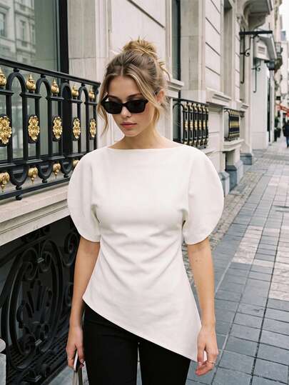 Women's Petal Sleeve Top, Fashionable Solid Color Boat Neck Short Sleeve Blouse, Asymmetrical Streetwear Style White Summer