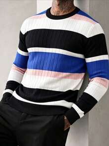 ZYNTH BALENO Men's Fashion Autumn/Winter Striped Crew Neck Long Sleeve Sweater, Suitable For Gym Workout Sports - Blue - View 4