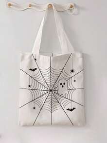 1pc Halloween Spider Web Print Canvas Tote Bag, Large Capacity Hand‑Held Shoulder Bag, Reusable Shopping Bag For Halloween Party Daily Commute - Beige - View 1
