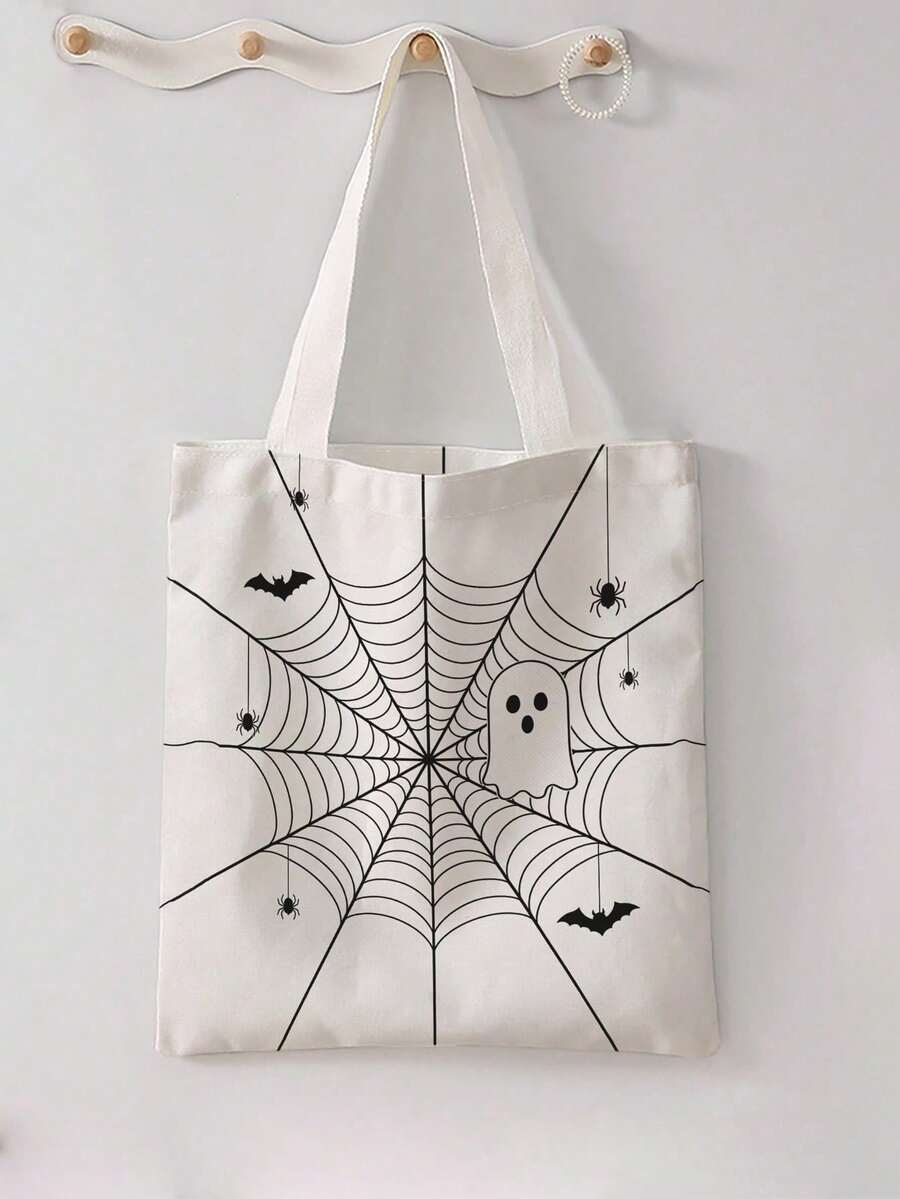 1pc Halloween Spider Web Print Canvas Tote Bag, Large Capacity Hand‑Held Shoulder Bag, Reusable Shopping Bag For Halloween Party Daily Commute - Beige - View 1