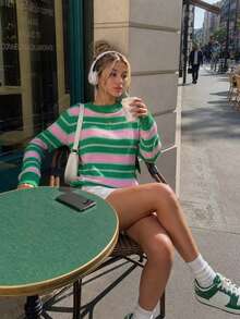 Women's Fashion Autumn/Winter Loose Casual Knit Pullover, Colorblock Striped Long Sleeve Sweater, Create Autumn Look, New Autumn/Winter Style Fall - Green - View 5