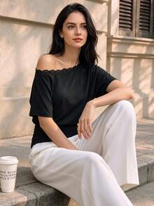 Women Fall Lace Trim One‑Shoulder Short Sleeve Top, Ruched Waist Batwing Sleeve Casual Blouse - Black - View 7