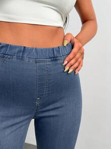 Women's High Waist Elastic Waist Blue Leggings Jeans - Blue - View 7